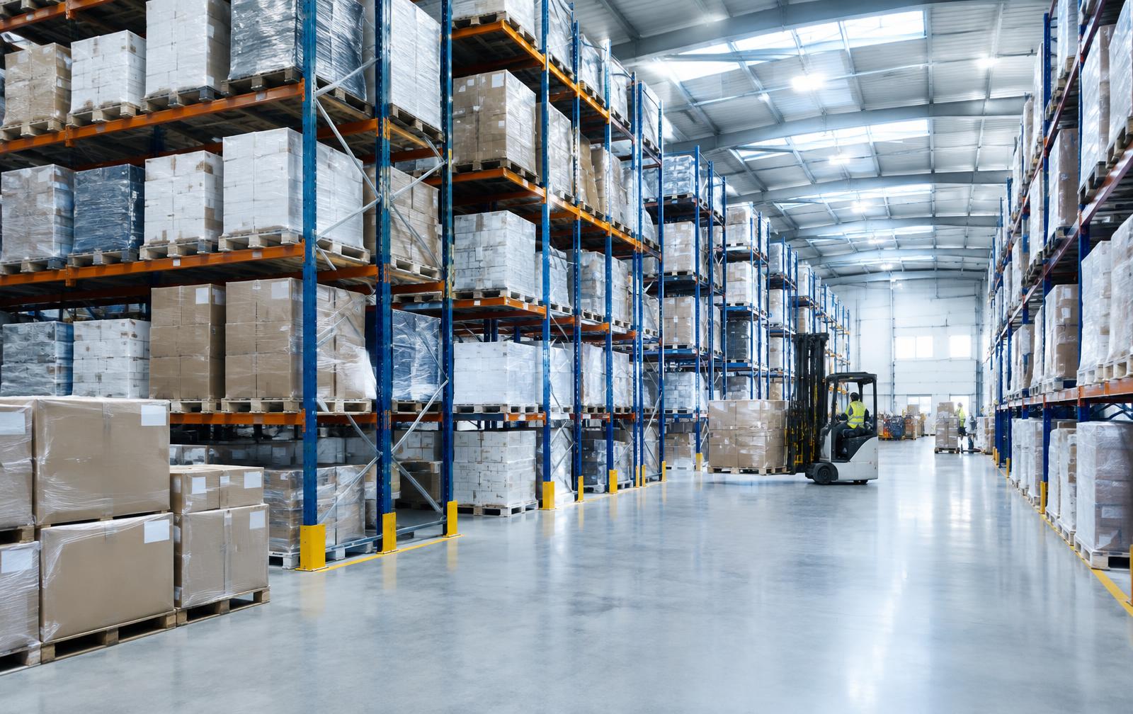 Warehouse aisle with racked pallets